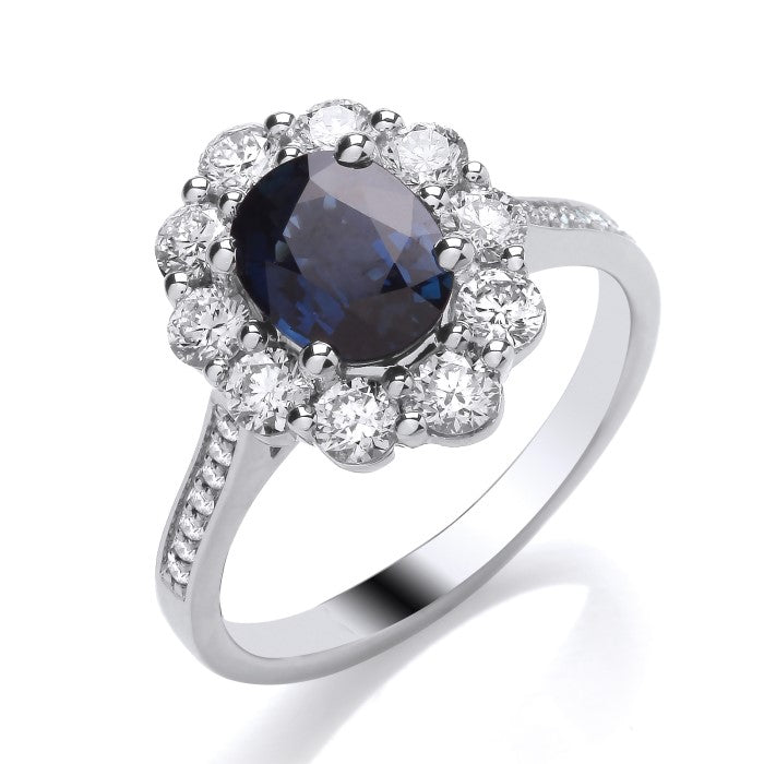 9ct white gold sapphire + diamond cluster ring