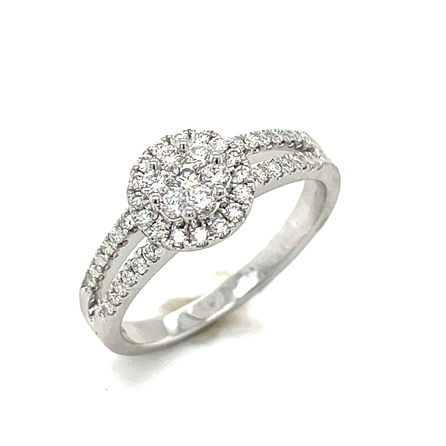 9ct white gold halo cluster with split diamond shoulders