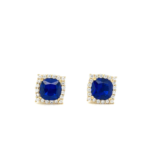 9CT Cubic Zirconia and Blue Stone Square Halo Stud Earring