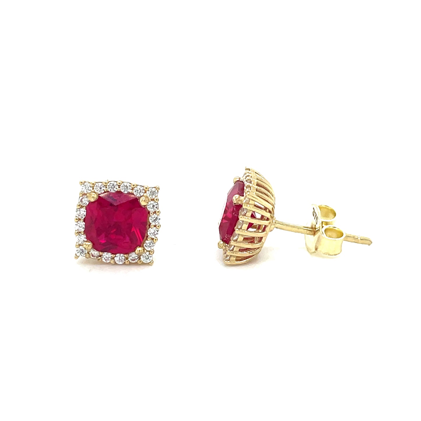 9CT Cubic Zirconia and Red Stone Square Halo Stud Earring