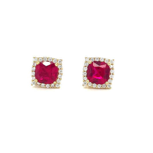 9CT Cubic Zirconia and Red Stone Square Halo Stud Earring