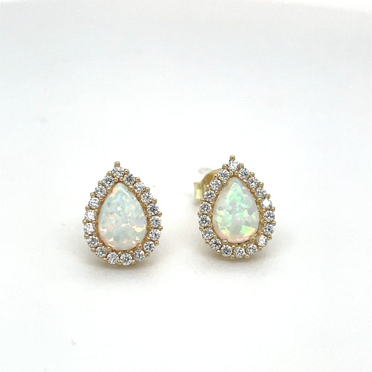 9CT Cubic Zirconia and Opal Pear Halo Stud Earring
