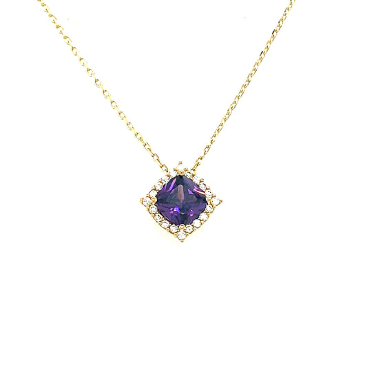 9CT Cubic Zirconia and Purple Stone Square Halo Necklet
