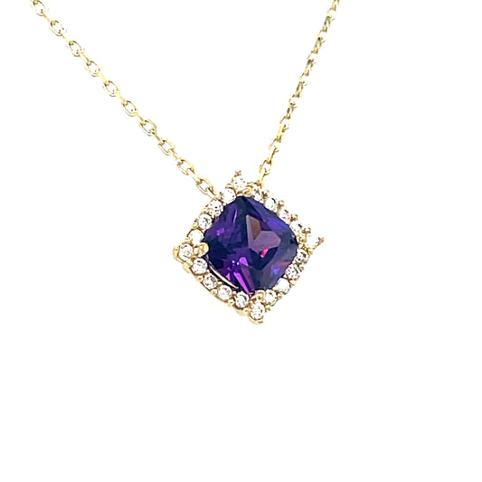 9CT Cubic Zirconia and Purple Stone Square Halo Necklet