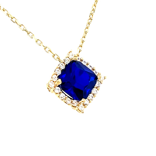 9CT Cubic Zirconia and Blue Stone Square Halo Necklet