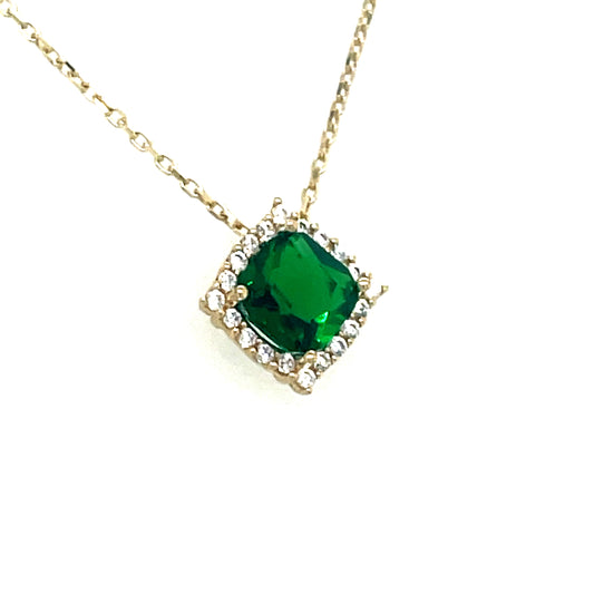 9CT Cubic Ziconia and Green Stone Square Halo Necklet