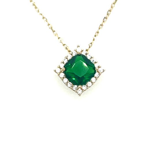 9CT Cubic Ziconia and Green Stone Square Halo Necklet