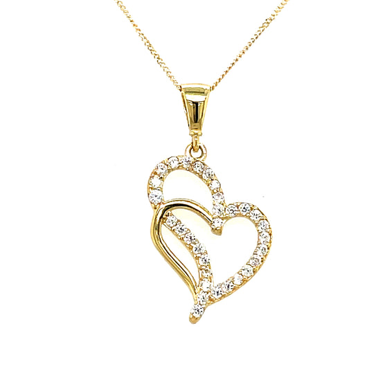 9CT Cubic Zirconia Double Heart Link Pendant