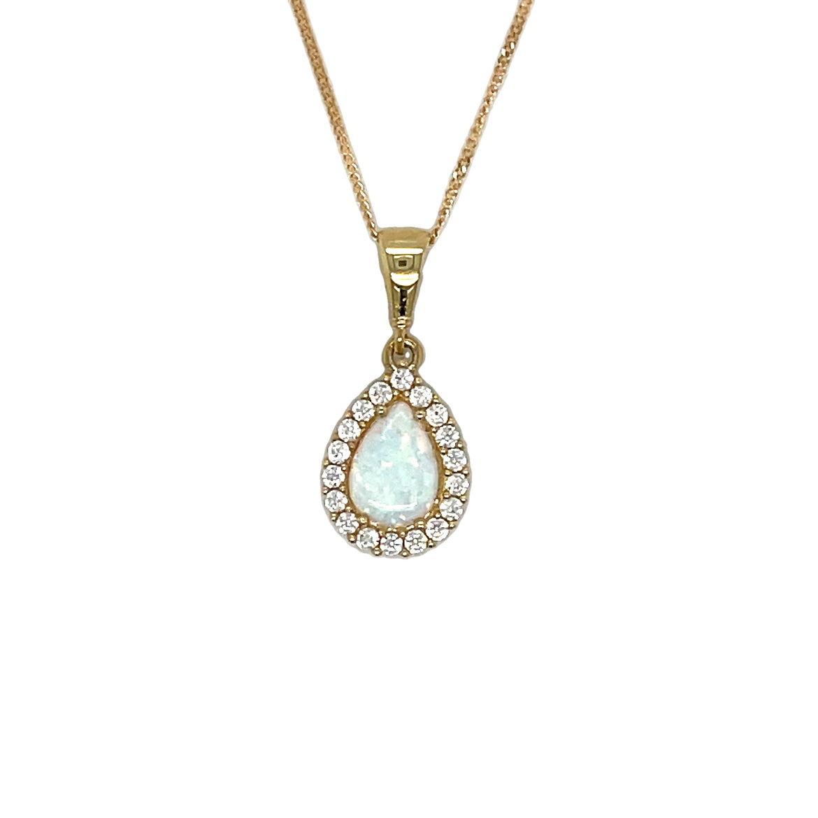 9CT Cubic Zirconia and Opal Pear Halo Pendant