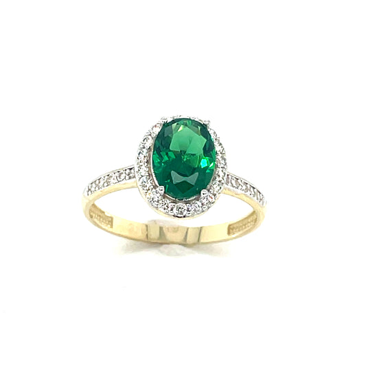 9CT Cubic Zirconia and Green Stone Oval Halo Dress Ring