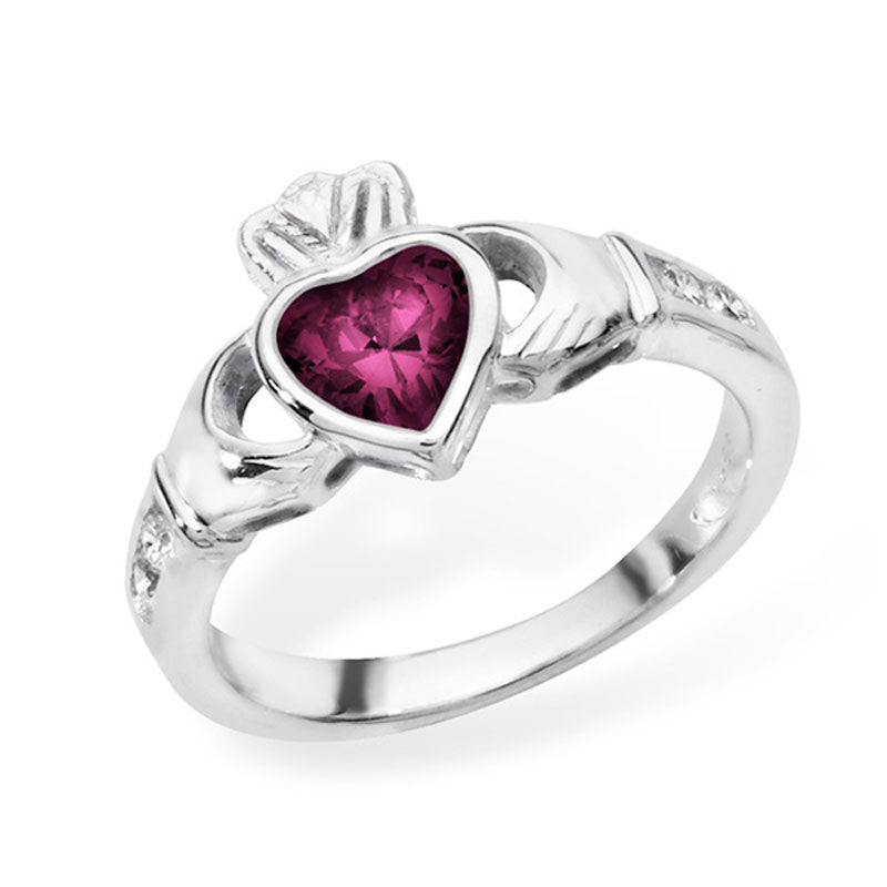 Silver Claddagh February Birth Stone Amethyst Ring