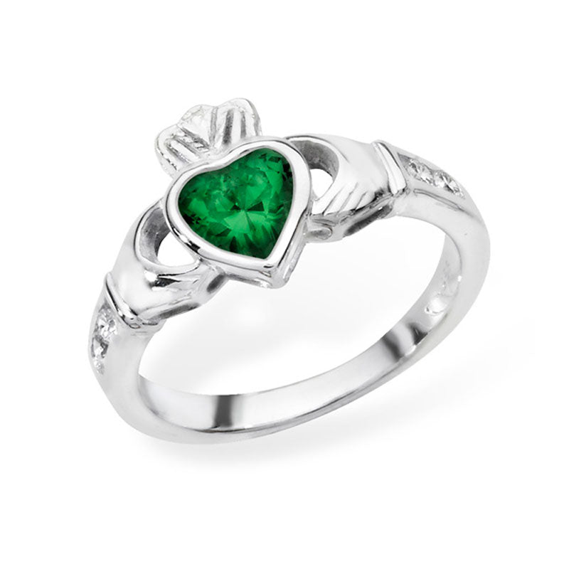 Silver Claddagh May Birthstone Stone Created Emerald Ring