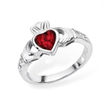 Silver Claddagh July Birth Stone Created Ruby Ring