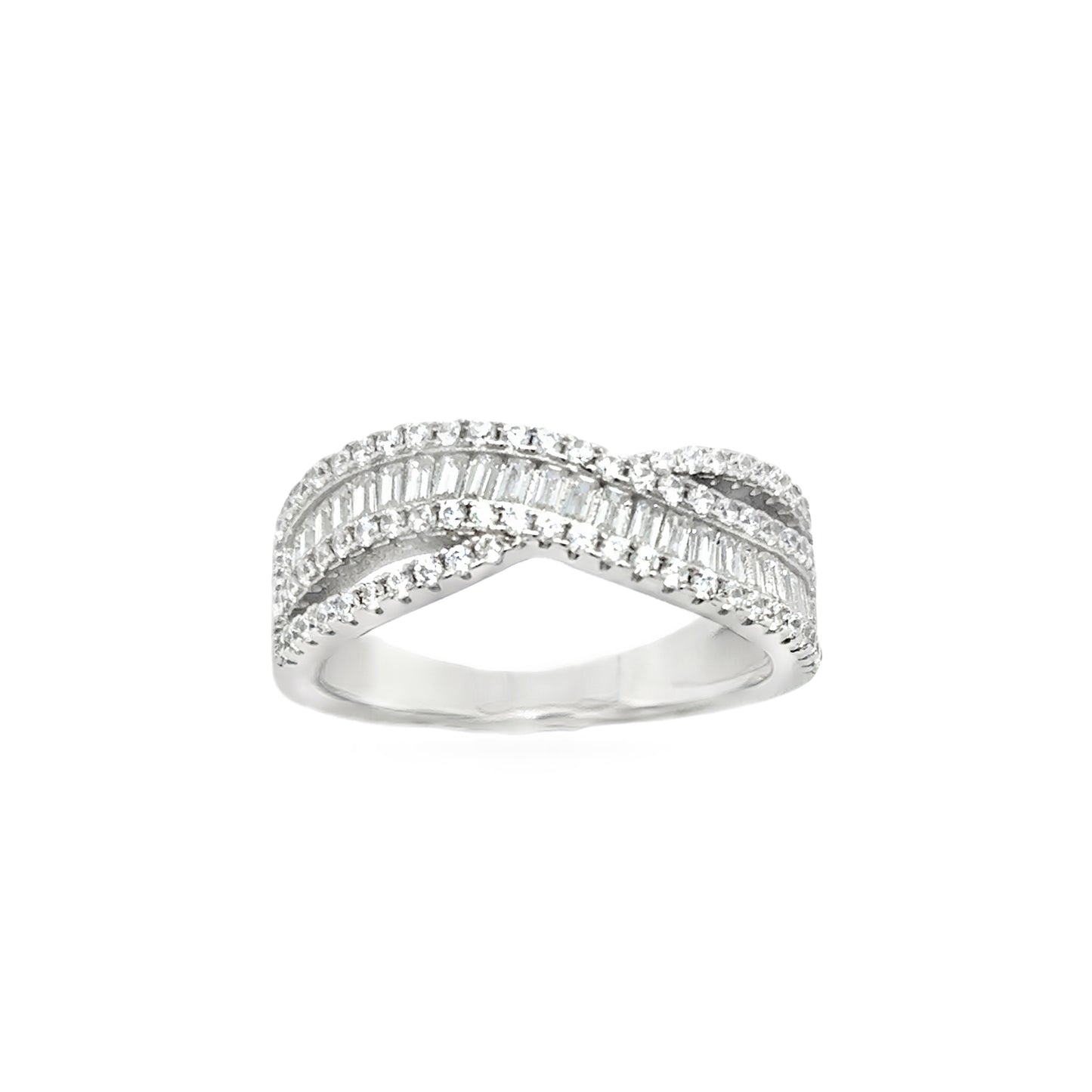 Sterling Silver CZ Round & Baguette Style Split Wide Wave Ring