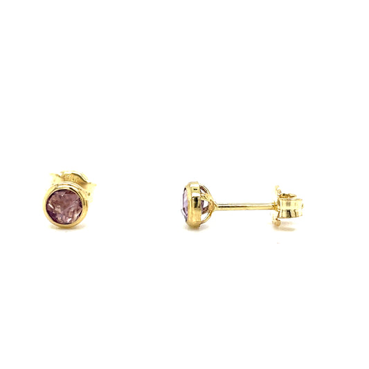 9CT Amythest Rubover Round Stud Earring