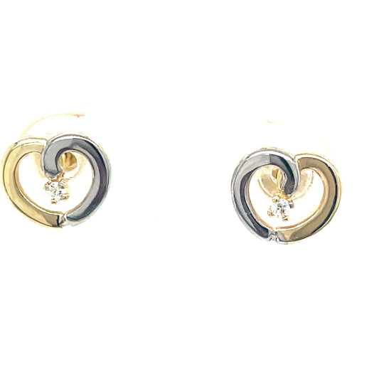 9CT Cubic Zirconia Centre Two Tone Open Heart Stud Earring