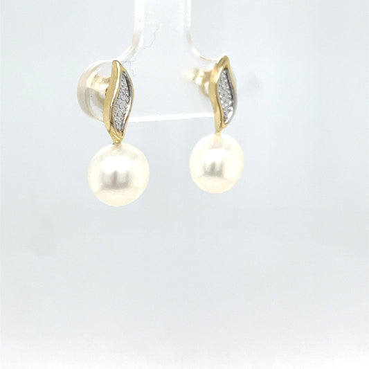 9CT 8MM Pearl Two Tone Leaf Detail Earring