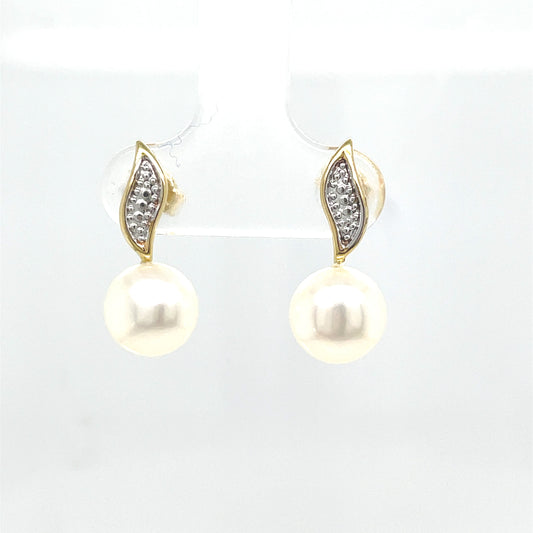 9CT 8MM Pearl Two Tone Leaf Detail Earring