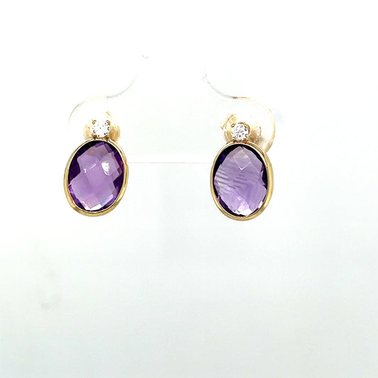 9CT Cubic Zirconia and Amethyst Oval Stud Earring
