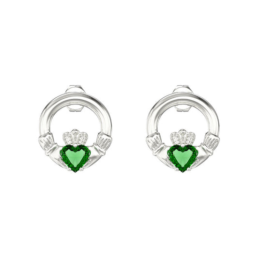 Silver green stone claddagh earring