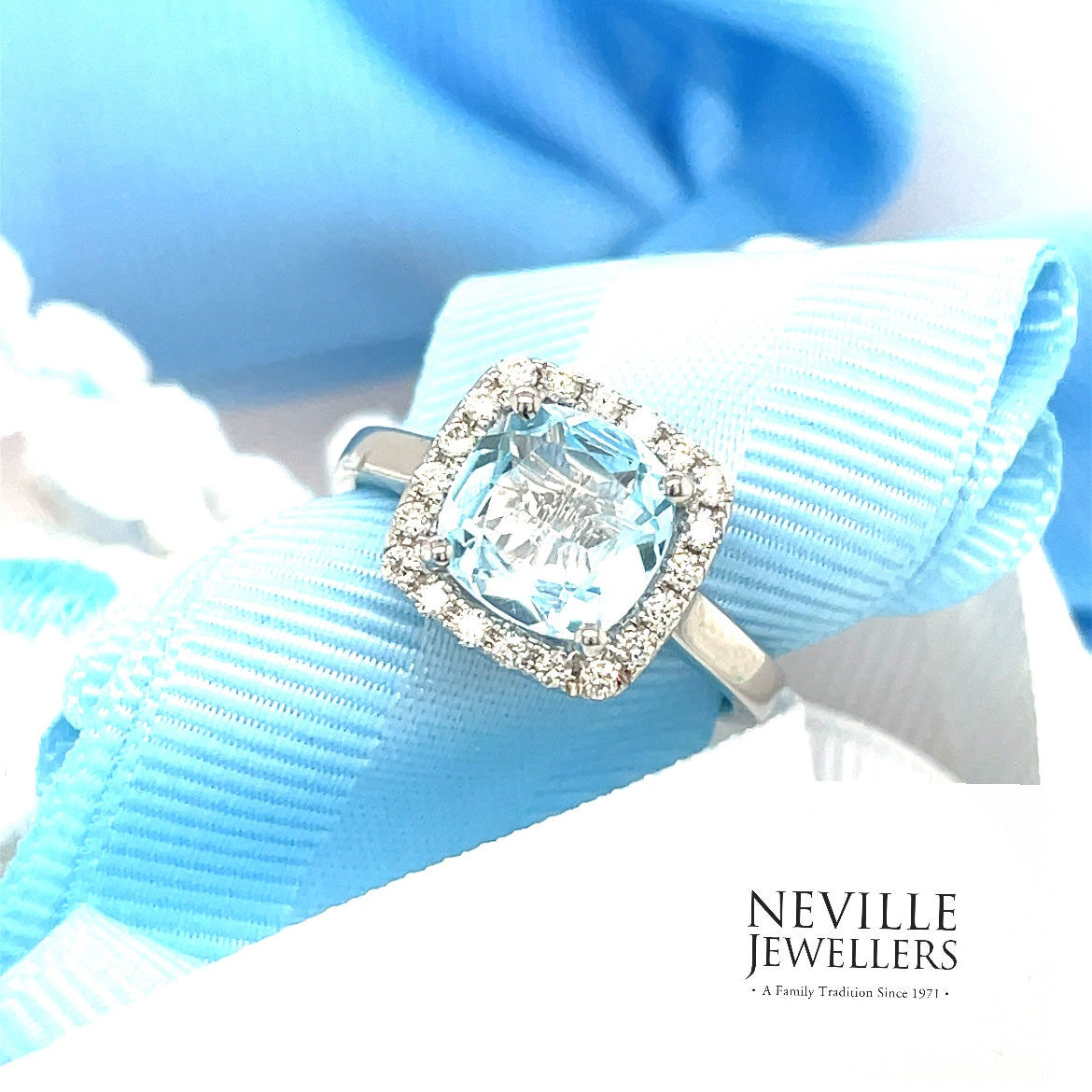 9ct White Gold Cushion Cut Blue Topaz And Diamond Ring .25ct