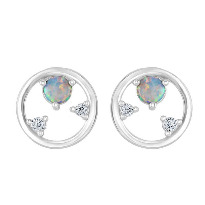 Sterling Silver Opal and CZ Open Circle Stud Earrings