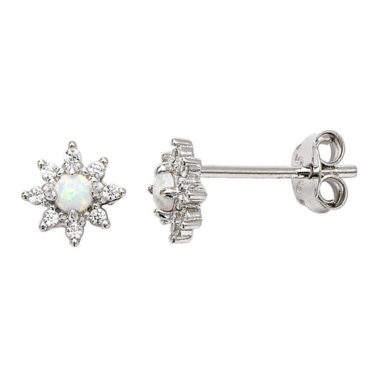 Sterling Silver CZ and Opal Star Stud Earrings 7mm