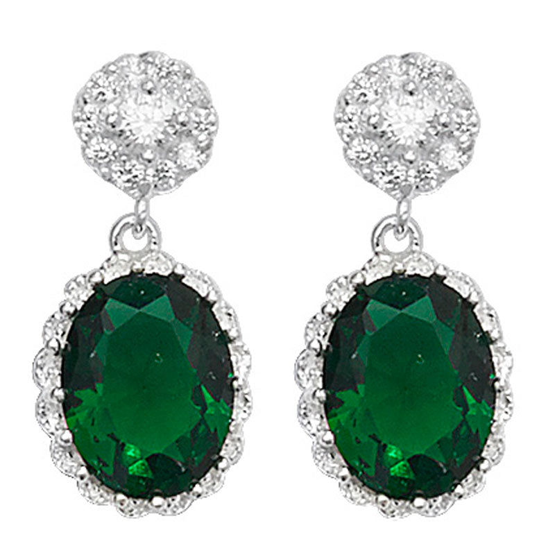 Sterling Silver Green CZ Oval Drop Earrings