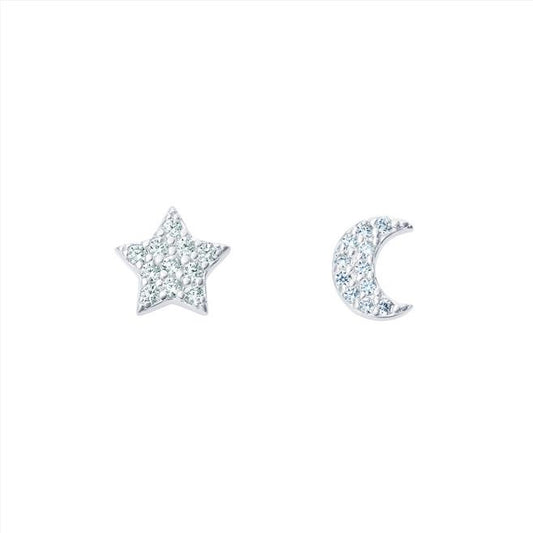 Sterling Silver Pave Set CZ Moon and Star Stud Earrings