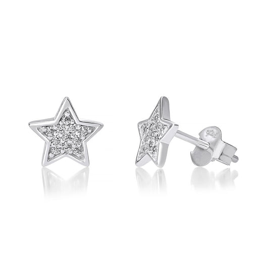 Sterling Silver Pave CZ Star With Polished Edge Stud Earrings