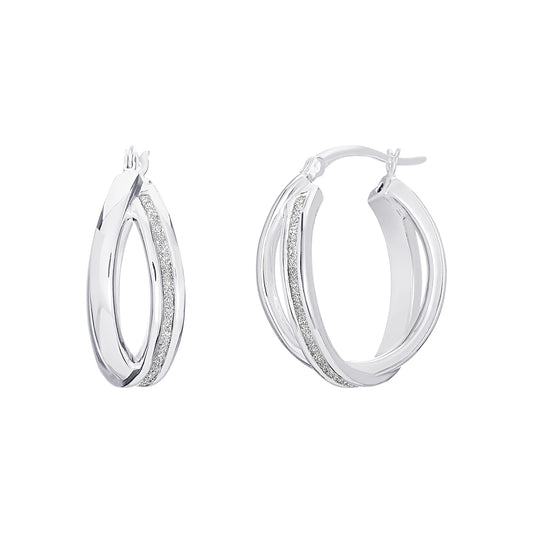 Sterling Silver CZ and Polished Double Hoop Earrings