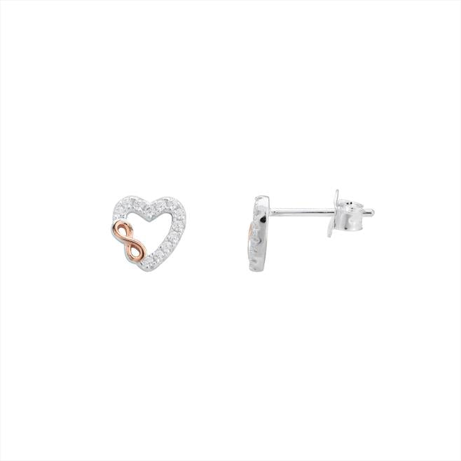 Sterling Silver Open Heart Stud Earrings WIth Rose Plated Infinity Symbol