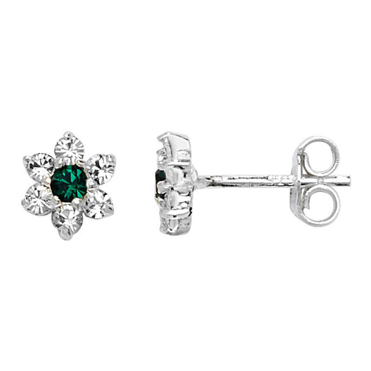 Sterling Silver CZ Flower Stud Earrings With Green CZ Centre