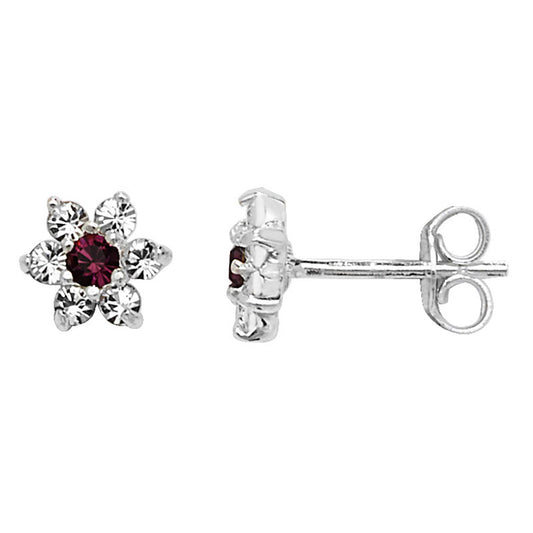 Sterling Silver CZ Flower Stud Earrings With Red CZ Centre