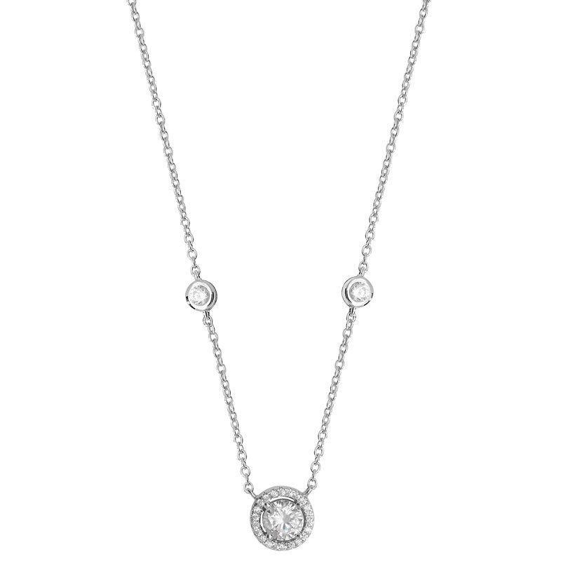 Sterling Silver Round CZ NEcklet with halo and Stone Set Chain