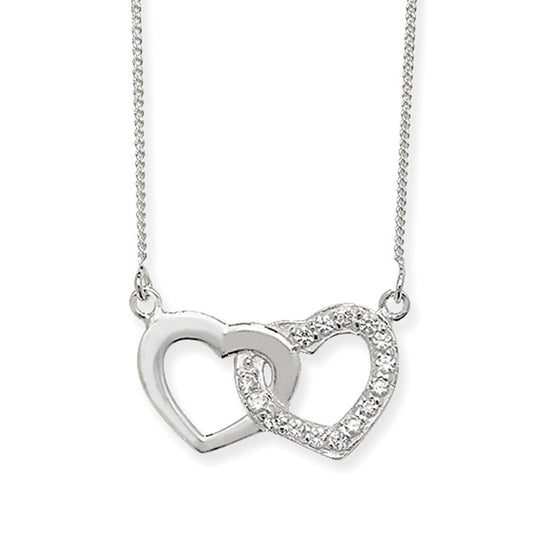 Sterling Silver Polished & CZ Double Heart Necklet