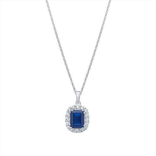 Sterling Silver Emerald Cut Blue CZ Necklet with White CZ Halo
