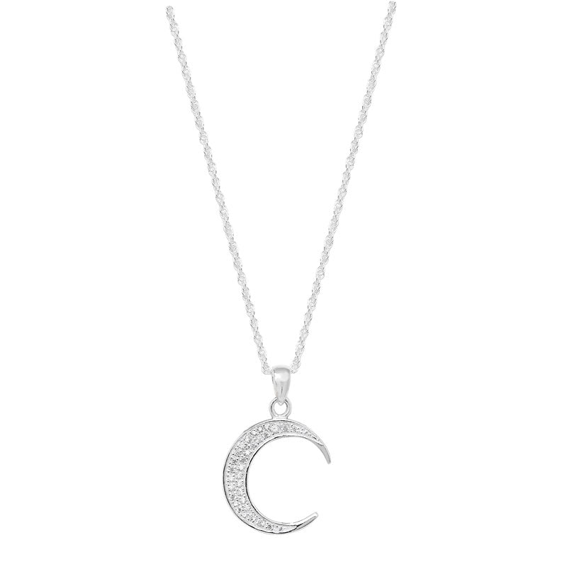 Sterling Silver Pave CZ Moon Necklet