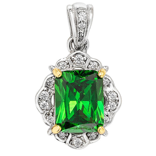 Sterling Silver Emerald Cut Green CZ Pandant with Old Style CZ Halo and CZ Baile