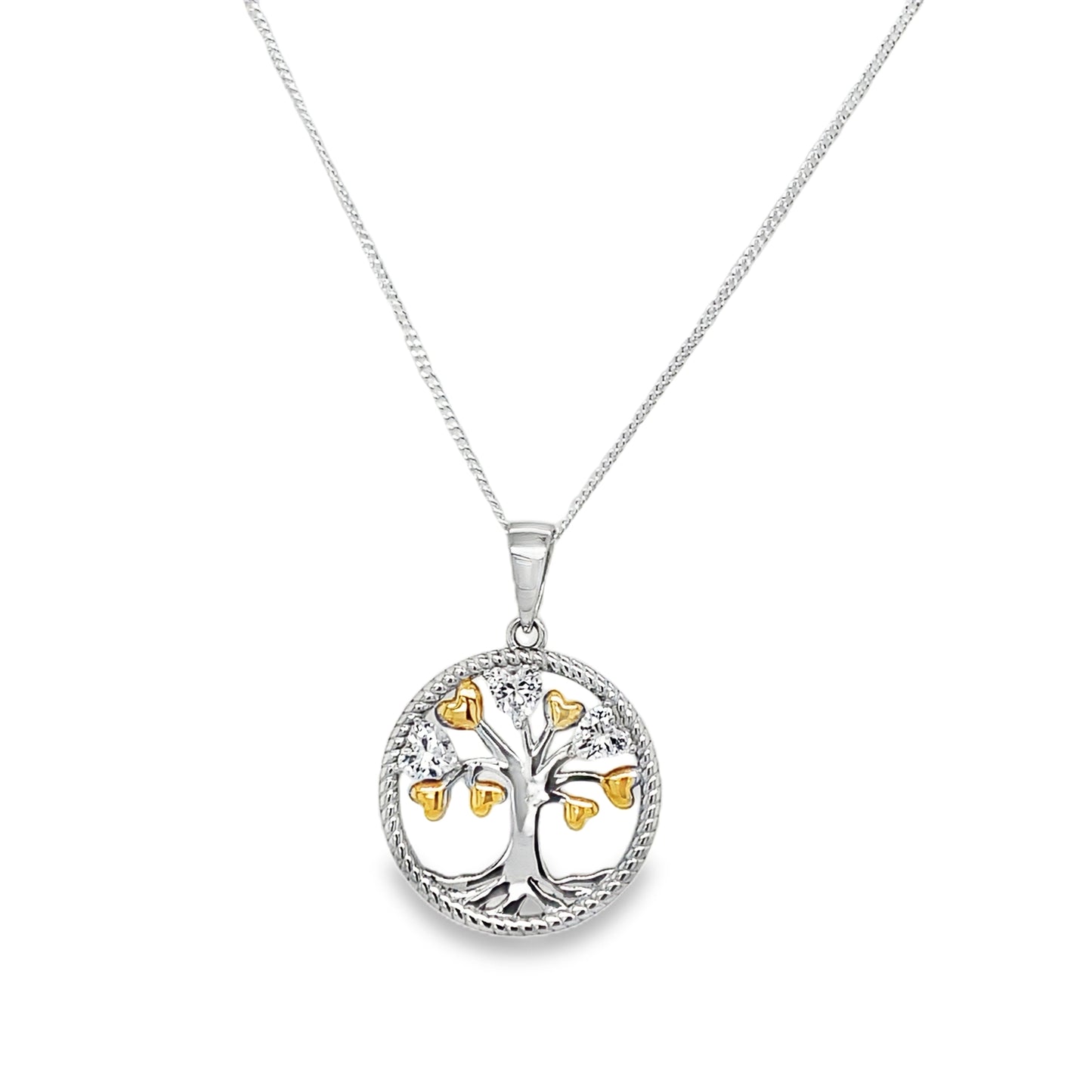 Sterling Silver Tree of Life Pendant with CZ and Gold Plated Hearts