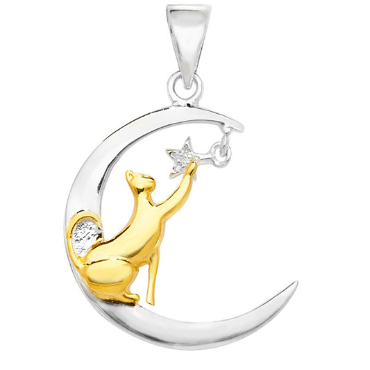 Sterling Silver Half Moon Pendant with Gold Plated Cat