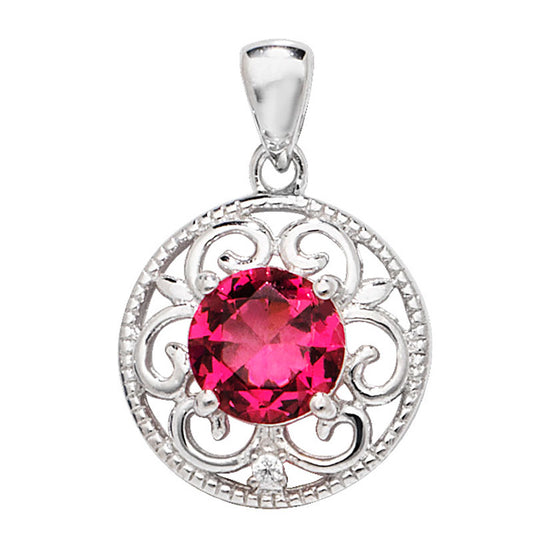 Sterling Silver Fancy Round Red CZ Pendant