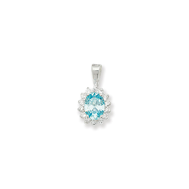 Sterling Silver Oval Blue CZ Pendant with White CZ Halo