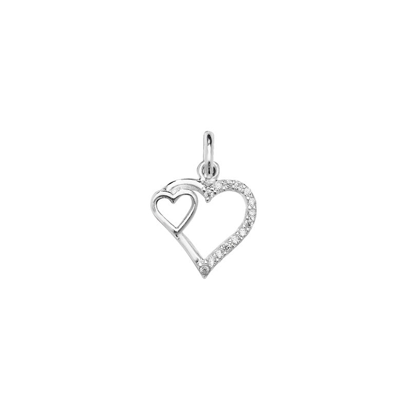 Sterling Silver Polished and Half CZ Double Heart Pendant