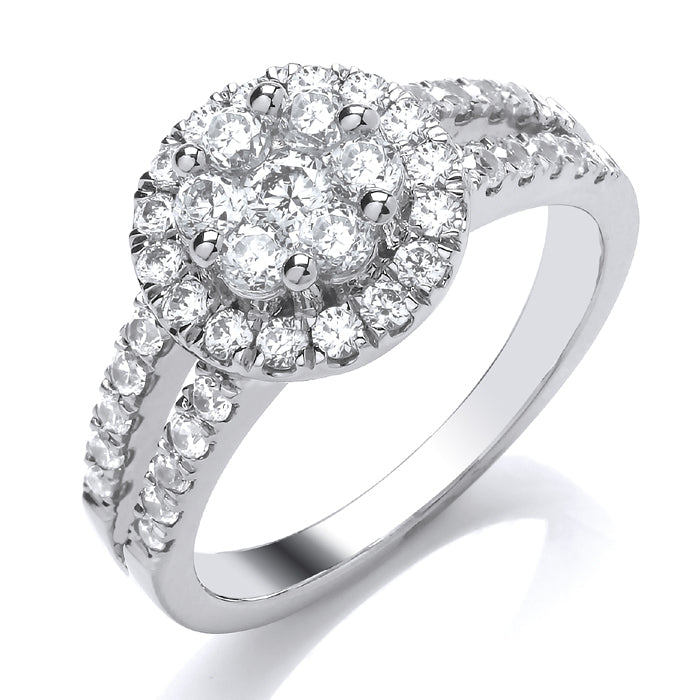 9ct White Gold ROund Cluster Diamond Ring with Open Diamond Set Shoulders .50ct