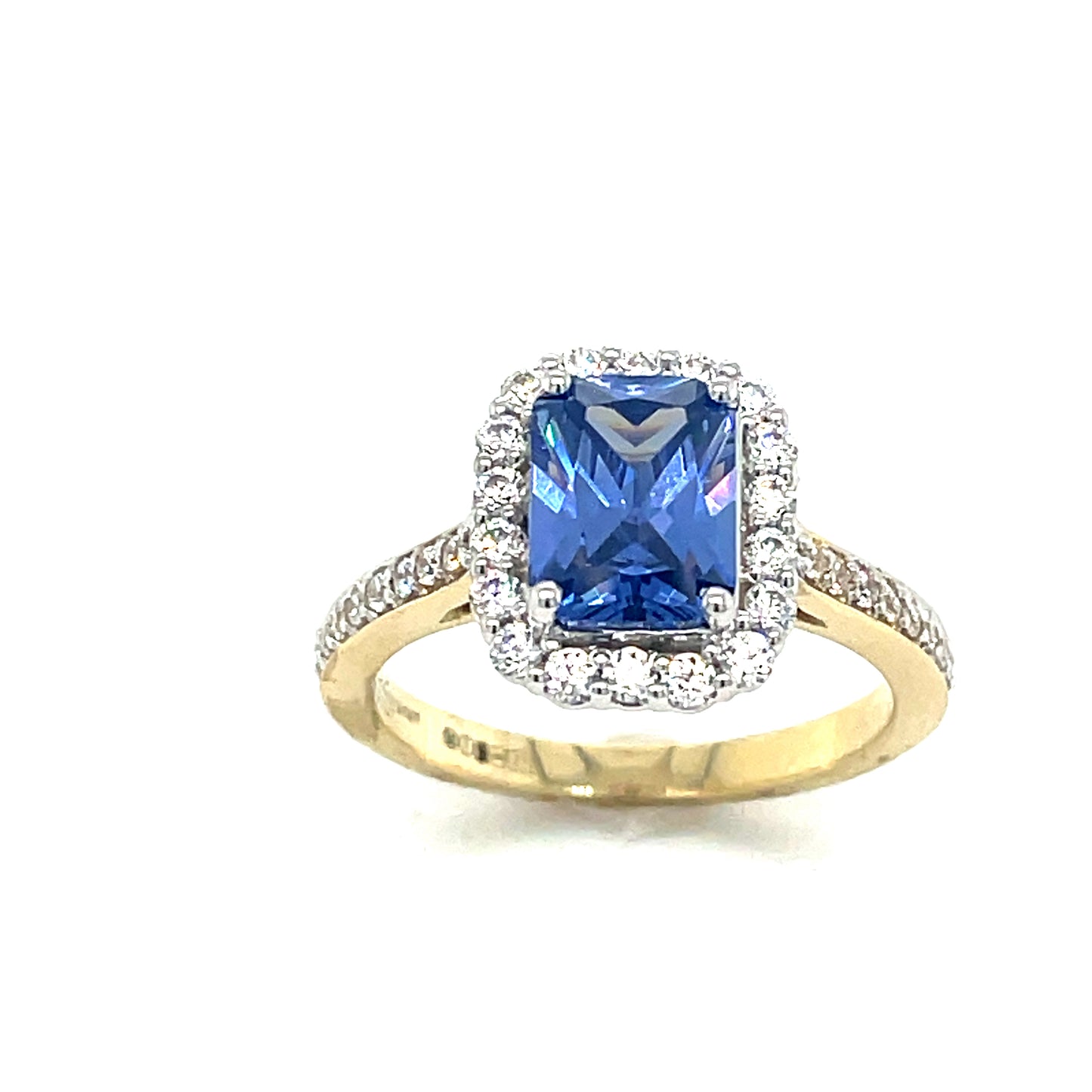 9ct  cubic zirconia and blue stone emerald cut cluster ring with cubic zirconia shoulders