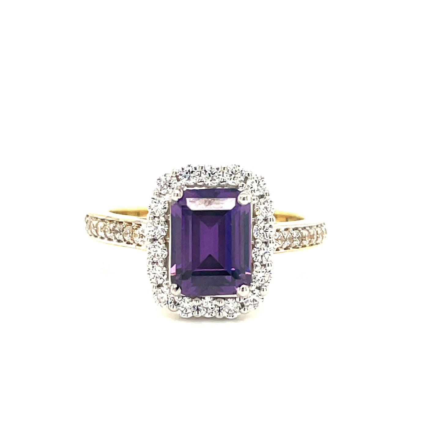 9ct Amethyst + cubic zirconia emerald cut ring