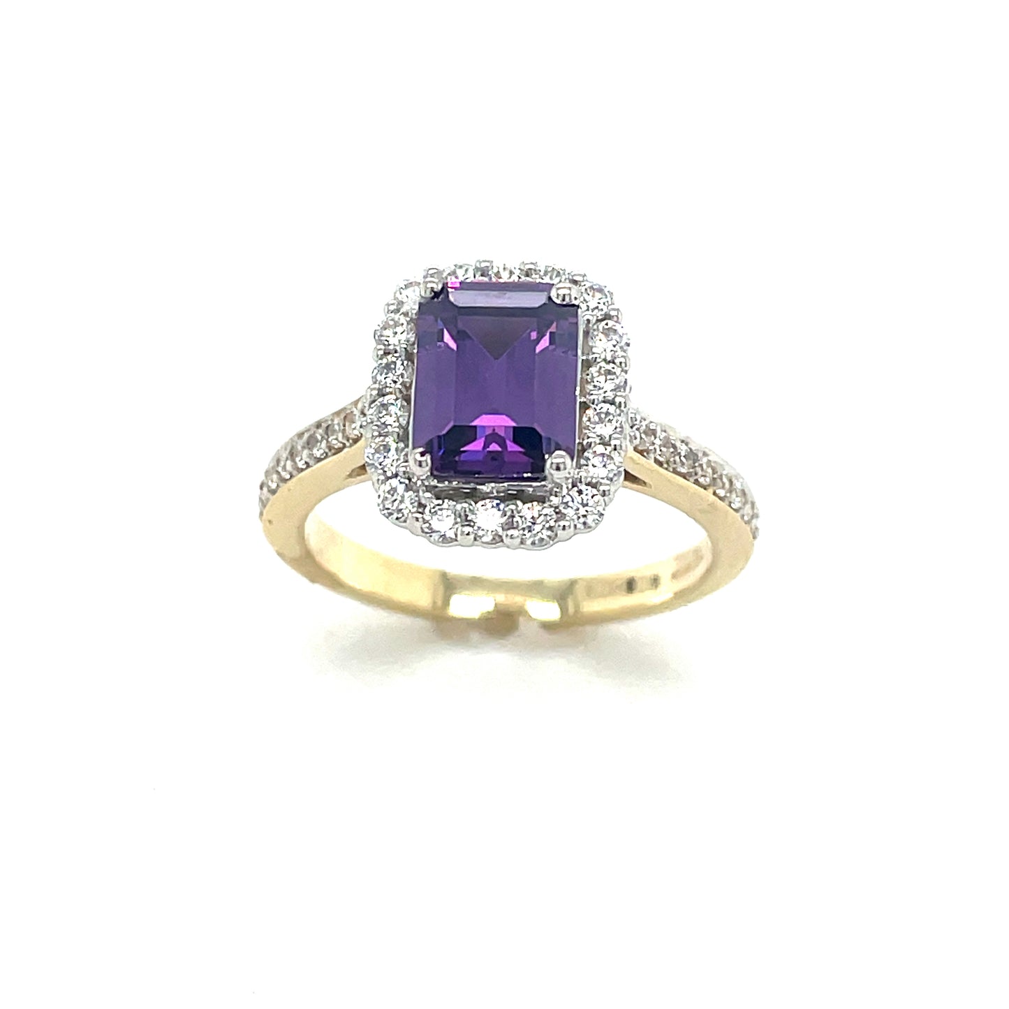 9ct Amethyst + cubic zirconia emerald cut ring