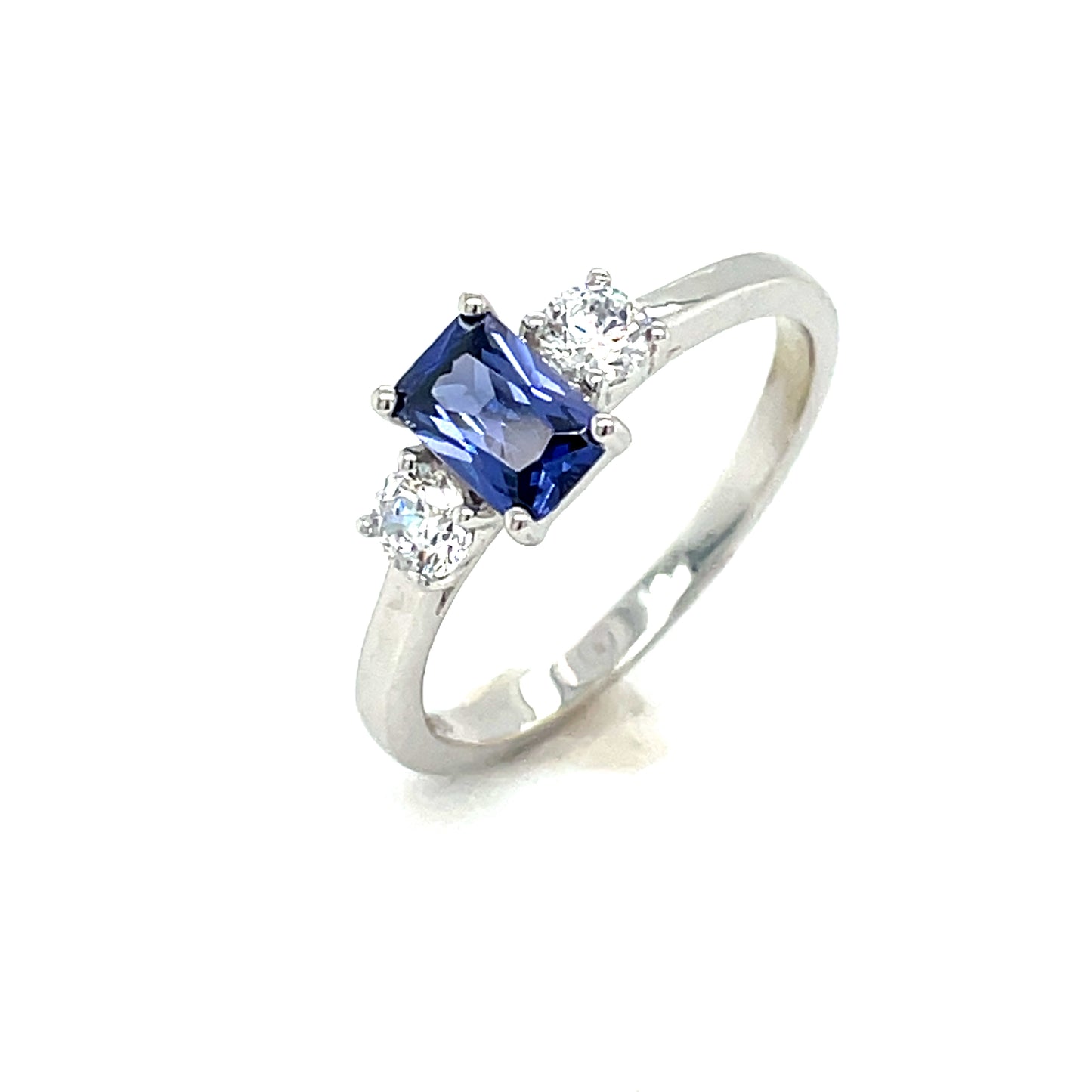 9CT White Gold Emerald Cut 3 Stone Cubic Zirconia and Blue Stone Dress Ring