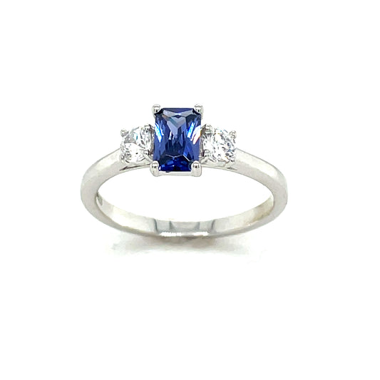 9CT White Gold Emerald Cut 3 Stone Cubic Zirconia and Blue Stone Dress Ring
